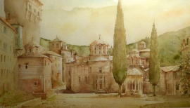 Pedja Milosevic, Hilandar Monastery, Watercolour, 30x50cm