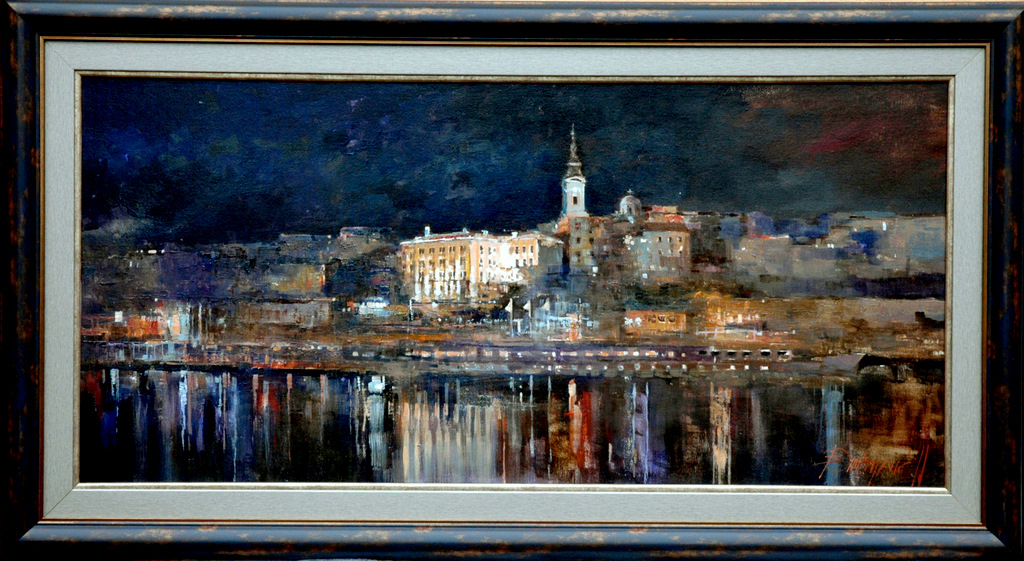 Branko Dimitrijevic, Belgrade at Night, Oil on canvas, 50x105