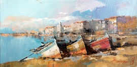Branko Dimitrijevic, Boats on the Coast, Oil on canvas, 20x40cm