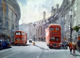 Dalibor Popovic Miksa, London Buses, Watercolour, 36x25cm, £270