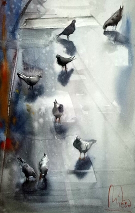 Dalibor Popovic Miksa, Pigeons, Watercolour, 30x20cm