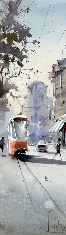 Dalibor Popovic Miksa, Red Tram, Watercolour, 46x13cm