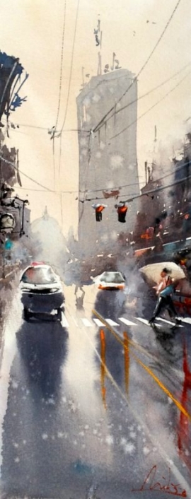 Dalibor Popovic Miksa, Belgrade in the Rain, 33x15cm, £180