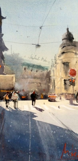 Dalibor Popovic Miksa, Street in the Sun, Watercolour, 33x16cm, £180