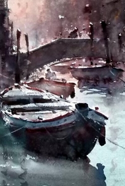 Dusan Djukaric, Boats in Venice, Watercolour, 55x17cm