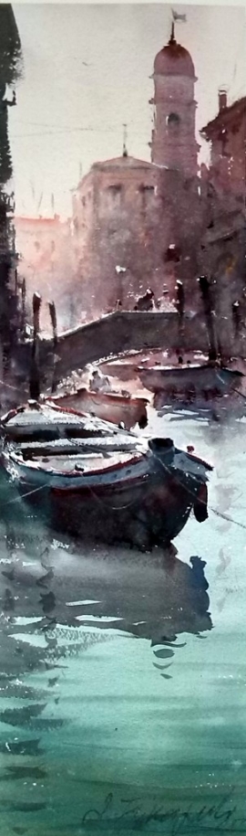 Dusan Djukaric, Boats in Venice, Watercolour, 55x17cm