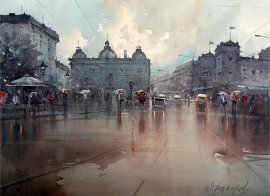 Dusan Djukaric, Rainy Day in Belgrade, Watercolour, 74x54cm