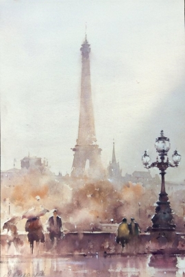 Dusan Djukaric, Paris in the Rain, Watercolour, 55x40cm