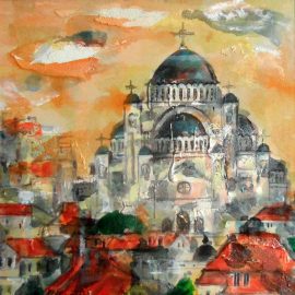 Ljiljana Radosavljevic, The Cathedral of Saint Sava, Oil on board, 25x25cm, £240