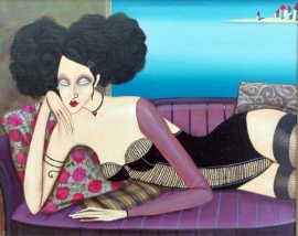 Milka Vujovic, Lilac Sofa, Oil on canvas, 30x40cm