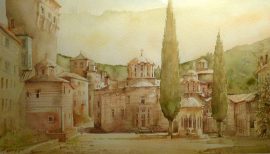 Predrag Pedja Milosevic, Hilandar Monastery, Watercolour, 30x50cm