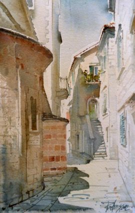 Predrag Pedja Milosevic, Old Street, Watercolour, 25x15cm